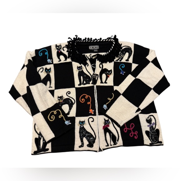 Rare Vintage Berek Black and White Checkered Cat Sweater Size Large - Picture 5 of 9